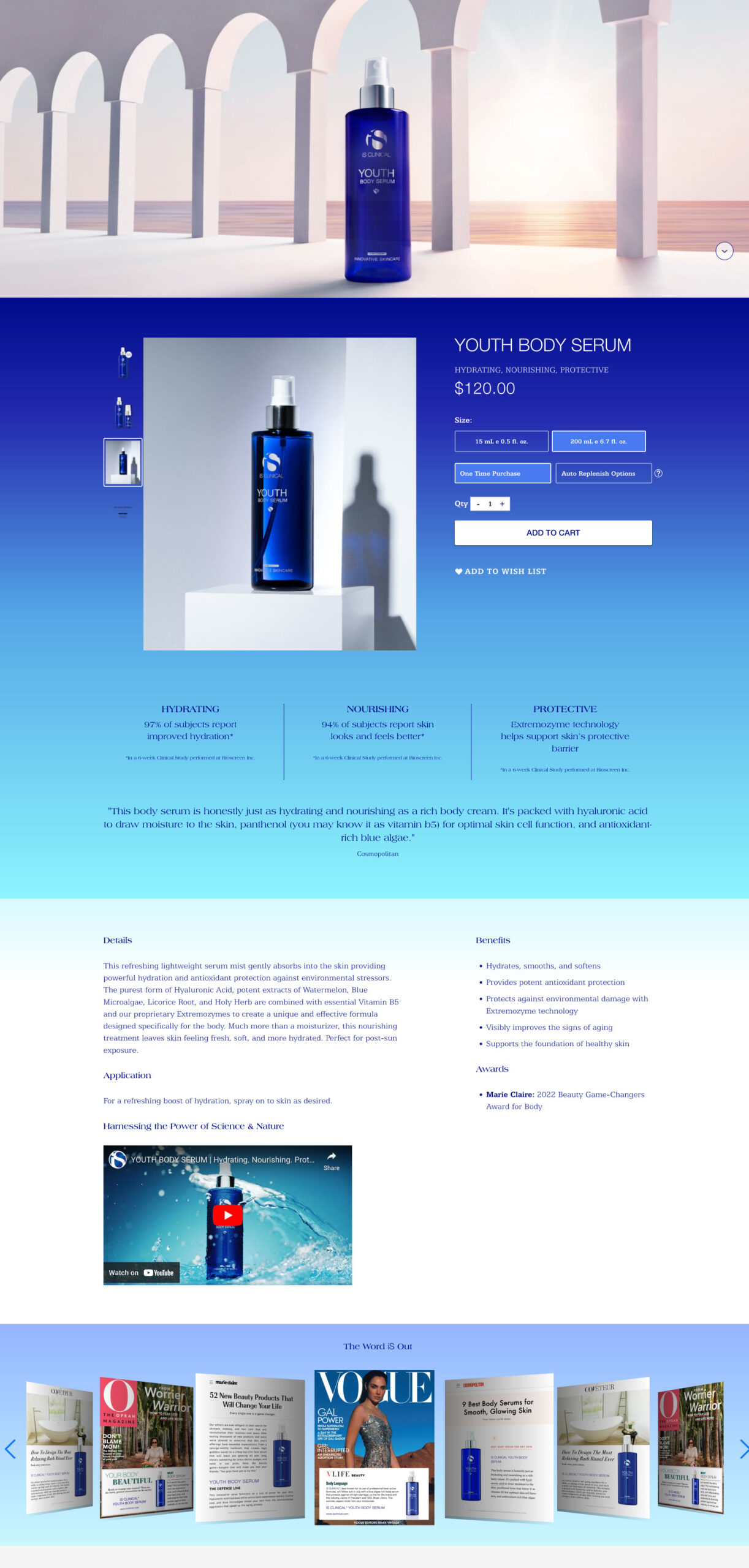 Youth Body Serum product page on isclinical.com